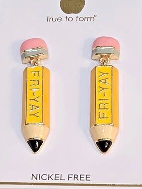 True to Form Pink & Yellow Pencil Charm Earrings - 'FRI-YAY'